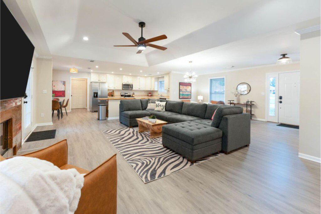 Crimson family room into kitchen full shot
