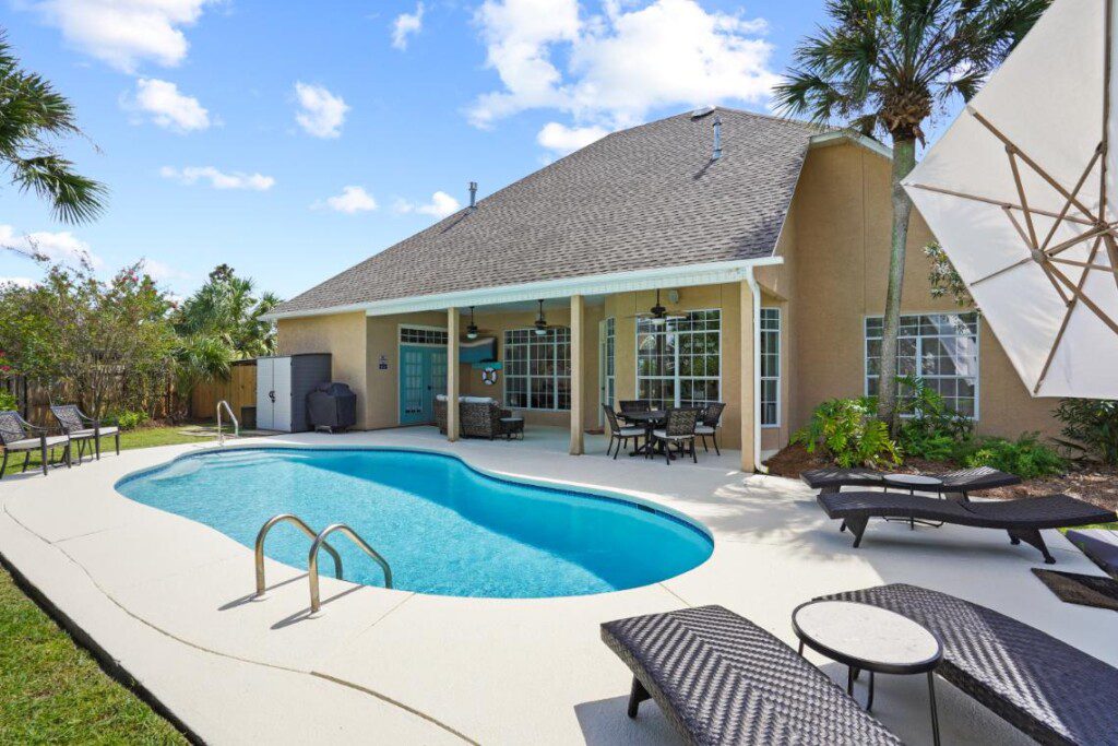 Seaside pool and patio daytime